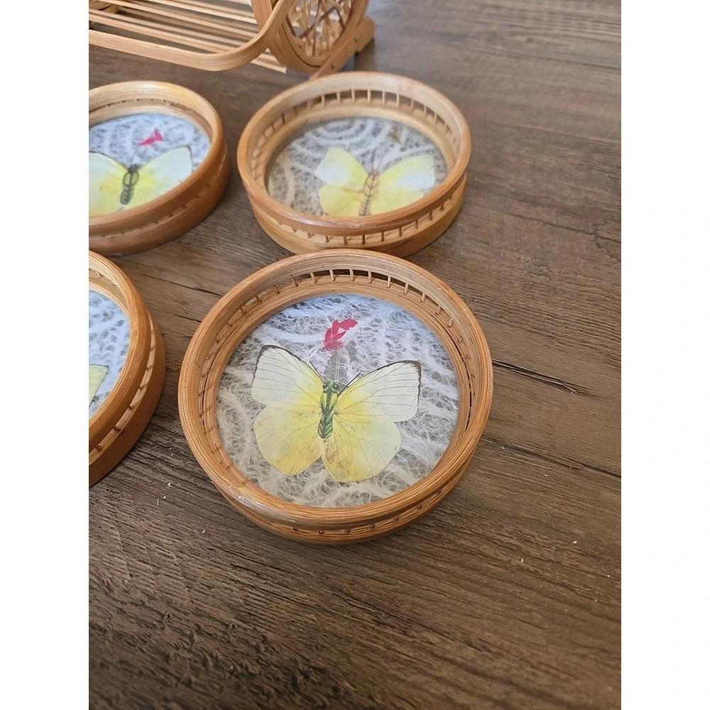 VTG Set Of 6 Bamboo Butterfly Floral Cased Coasters In Caddy Taiwan Matching